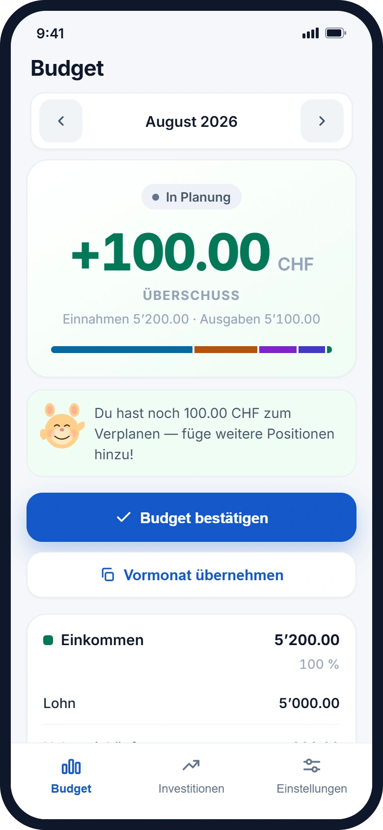 Budget-Ansicht in miniFinanze